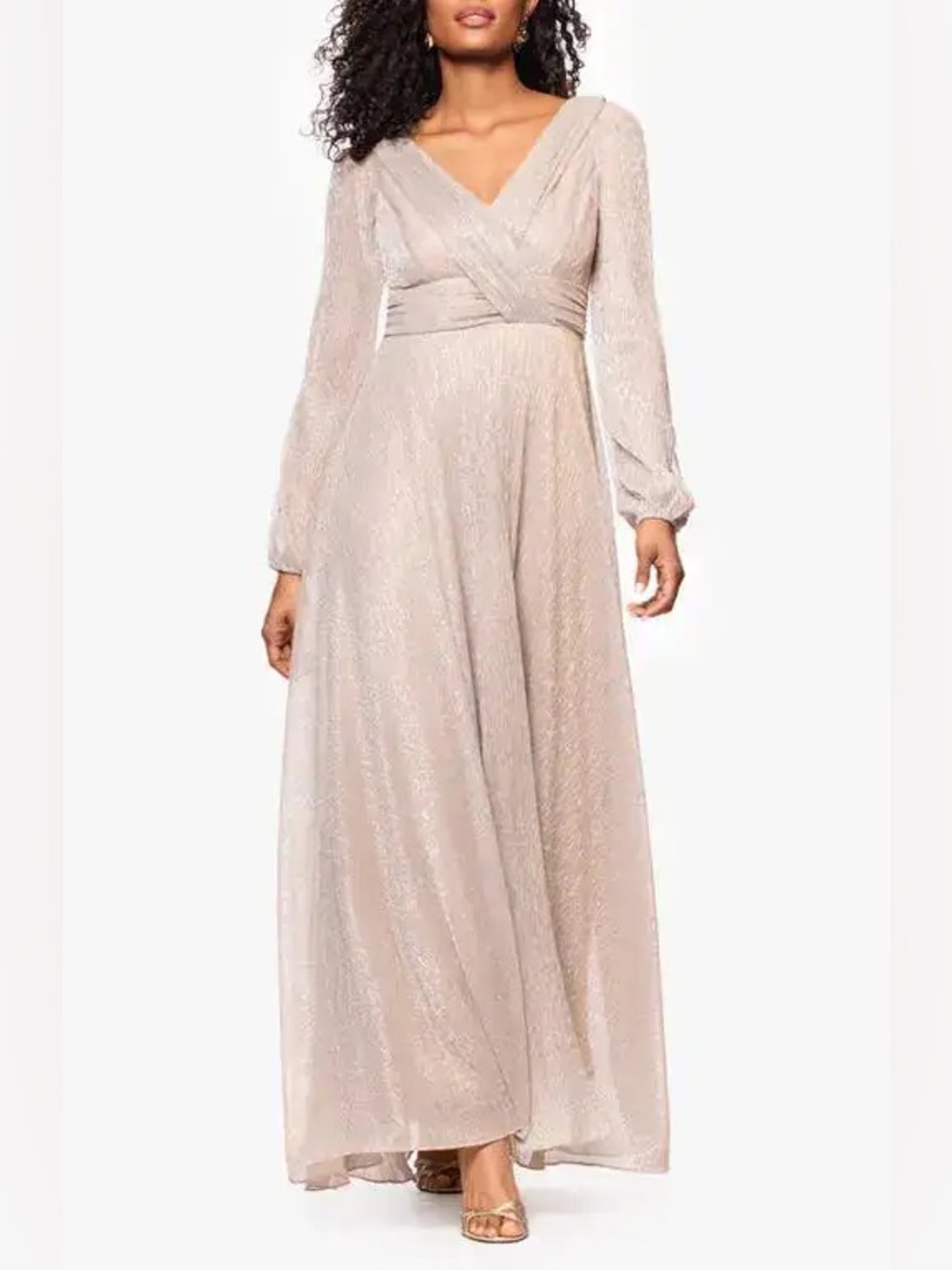 Betsy Adam Size 4 NWT Champagne Gold Metallic Long Sleeve Formal Gown Dress GALA
